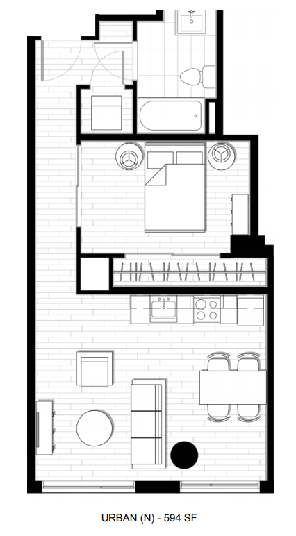 Floor plan for 1 bed, 1 bath, 594 sqft